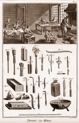 Verkstad av en förgyllare på metaller - "" The Great Encyclopedia, eller Dictionnaire Raisonne des Sciences, des Arts et des Metiers" (Encyclopedia or Dictionary of the Sciences, Arts and Professions) av Denis Diderot (1713-1784) och Jean d