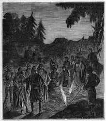 Ateshgah of Baku - Atechgah (brandhus nära Baku) (elddyrkartempel i Azerbajdzjan) Gravyr i "" Vetenskaper tillgängliga för alla - populär fysik och kemi"" av Alexis Clerc - Slutet av 1800-talet. Privat samling.