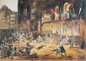 Försök på livet av Napoleon III och hans hustru Eugenie av Felice Orsini och tre medbrottslingar den 4 januari 1858 i Paris (färgstick)