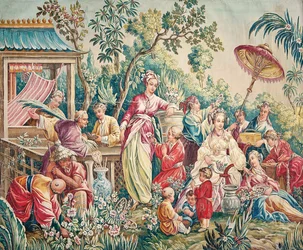 Aubusson tecknad för en väggbonad av figurer i en orientalisk trädgård