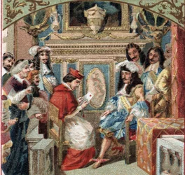 Publik ges till Legat i kungens rum (Louis XIV?) på slottet i Versailles. Kromolitografi från slutet av 1800-talet