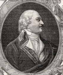 Auguste-Henri-Marie-Picot, markis de Dampierre, graverad av Stephane Pannemaker (1847-1930) från "Histoire de la Revolution Francaise" av Louis Blanc (1811-82).