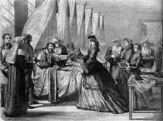 Österrike-preussiska kriget (1866): Kejsarinnan Elisabeth av Österrike (Sissi) (1837-1898) besöker sårade soldater i Wien. Gravyr i "" Le Monde Illustré"" nr 486 den 4 augusti