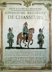 Avis à la Belle Jeunesse, rekryteringsaffisch för 5:e jägareregementet 1700-talet. Paris, Musee de l
