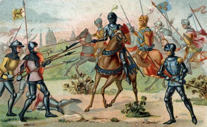 SLAGET VID ROSEBECQUE den 27 NOVEMBER 1382 (Rozebeke, Belgien). Kromolitografi från slutet av 1800-talet.