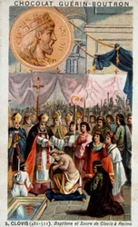 Klodvigs dop och kröning i katedralen i Reims den 25 december 496 av den helige Remigius, biskop av Reims.