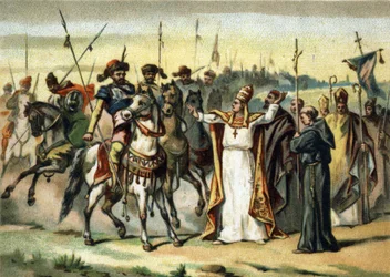 Barbarens invasioner - Attila och Saint Leon I den store (440-461): barbaren Attila, ledare för hunnerna, möter påven Saint Leon den store som lyckades övertyga honom att skona Italien. Kromolitografi från slutet av 1800-talet
