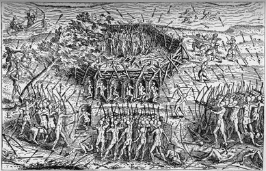 Strid mellan den franska armén Samuel de Champlain (cirka 1567-1635) och Iroquois. Kanada, tidigt 1600-tal. Gravyr i "La Marine et les colonies: handel"
