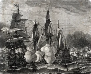 "Slaget vid Bantry Bays flotta engagemang utkämpades den 11 maj 1689, en vecka före deklarationen av det nioåriga kriget (Slaget vid Bantry Bays flottangrepp utkämpades den 11 maj 1689, en vecka före deklarationen av det nioåriga kriget) Gravyr från Lahure