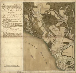 Battle of Green Spring, karta över landet på James Rivers vänstra strand mittemot Jamestown i Virginia där slaget den 6 juli