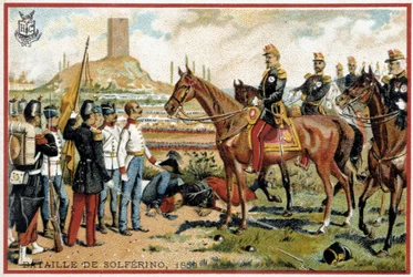Slaget vid Solferino: Seger i slaget vid Solferino mot österrikarna 1859 - Forey division. Liebig kromolitografi