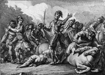 Slaget vid Tolbiac, 496: Clovis 1st (466-511), kung av frankerna, ber om Guds hjälp för att besegra den germanska stammen Alamanerna. Gravyr av 1700-talet.