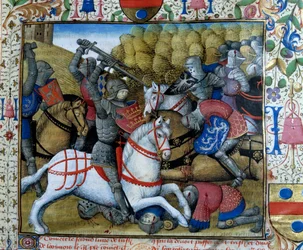 Battle of knights Miniatyr från manuskriptet "" The novel of Tristan"" av mästare Charles av Maine