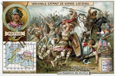 Slaget vid Catalaunique-fälten, där romarna, frankerna och västgoterna tillsammans besegrade hunnerna och ostrogoterna år 451. Porträtt av den romerske generalen Aetius - Liébigs reklamvinjett