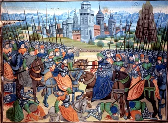 Slaget mellan korsfarare och hedniska trupper nära staden Aleppo,ca 1464 (manuskript)