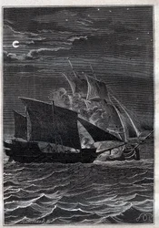 Slaget om svalan och en malaysisk paro: Svalskeppet av Philip Carteret eller Philippe de Carteret (1733-1796) kämpade med ett malaysiskt piratskepp i de indonesiska vattnen 1767 - illustration från "The Great Mariners of the 18th century""