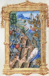 Stridsscen mellan bågskyttar och kavalleri, med slott och skepp, ca 1495-1500
