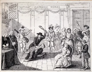 Beaumarchais piskas i Saint Lazare - scen med Beaumarchais som håller i broschyren för Folle journee - från ap. målning av Comedie Francaise, gravyr