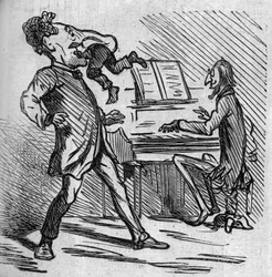 Innan han sjunger Mr. Offenbachs musik, blir tenoren Hyacinthe slagen för att ge lite lättnad åt hans huvudnoter. Fransmannen naturaliserar den tyske kompositören Jacques Offenbach (1819-1880) som spelar piano och Louis Hyacinthe Duflost, dit Hyacinthe