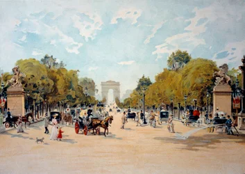 Belle Epoque: utsikt över Avenue des Champs Elysees och Triumfbågen i Paris. Anonym akvarell från 1895. Paris, Dekorativ konst