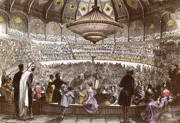 Berlioz dirigerar sin konsert den 19 januari 1845 på Cirque Olympique i Paris - Hector Berlioz (1803-1869), i hallen på den olympiska cirkusen på Champs Elysees i Paris