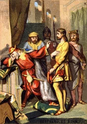 Bertran (Bertrand) de Born (1140 - 1215) trubadur perigordin, herre av Hautefort, före Henrik II (1133 - 1189) av England. Chromolithography of the Series "" Patriotic Education through Image"".