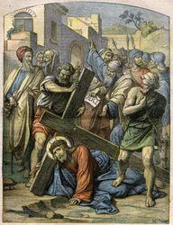 Bibelscen - Korsets väg: Jesus faller en andra gång. Gravyr i "" Le Pelerin"" av 29 november