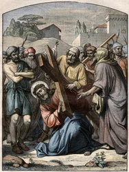 Bibelscen - Korsets väg: Jesus hjälper av Simon från Cyrene (kyrenéen). Gravyr i "" Le Pelerin"" av den 13 september 1896.
