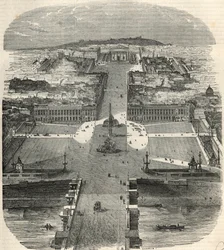 Fågelvy av Place de la Concorde, rue Royale med kyrkan Madeleine - Gravyr i "Tableau-de-Paris" av Edmond Texier 1852