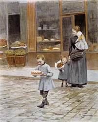 Födelsedag En liten pojke kommer ut från ett konditori med sin tårta i händerna. Litografi av 1800-talets Paris, dekorativ konst