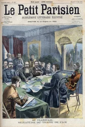 Boerkriget. Undertecknandet av Transvaals fredsavtal mellan boerhövdingar och den brittiske generalen Horatio Herbert Kitchener (1850-1916) i Pretoria, Sydafrika. Gravyr i "" Le Petit Parisien""