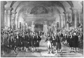 Bonaparte, förste konsul (1769-1821) på besök hos medlemmarna av Academie des Sciences vid Louvren, tidigt 1800-tal