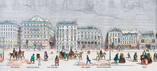 Boulevard des Italiens södra sida - Rue Favart - Opera comique - Rue Marivaux - Engelskt café - Rue Grammont - Bazaar - Gravyr i "Tableau-de-Paris"" av Edmond Texier 1852