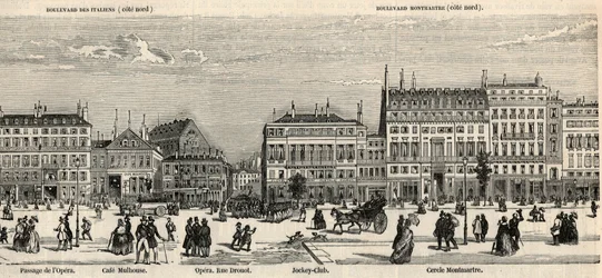Boulevard des Italiens och boulevard Montmartre - Cafe Mulhouse - Cercle Montmartre - Jockeyklubb - Gravyr i "Tableau-de-Paris" av Edmond Texier 1852 -