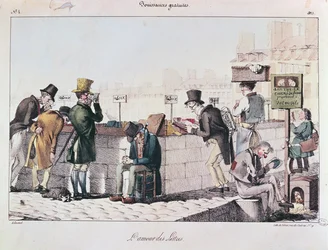 Bouquinistes längs stranden av floden Seine i Paris, tidigt 1800-tal