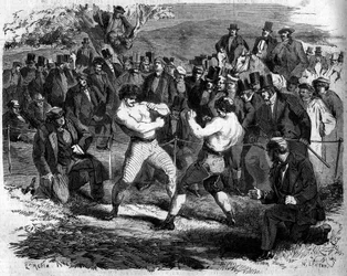 Boxningskamp mellan engelska Thomas Sayers (1826-1865) och amerikanen John Carmel Heenan (1833-1873) i Aldershot, England, 17 april