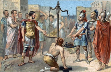 Brennus, ledare för den galliska stammen senonerna, uttalar det ödesdigra Vae victis (Ve de besegrade!) och kastar sitt tunga svärd på vågskålen som uppvägde den guldtribut han krävde av romarna för att häva belägringen av Ca