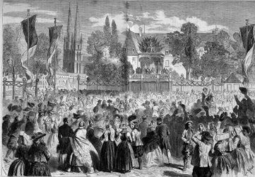 Breton Ball på slagfältet vid Quimper (Finistere, 29) i närvaro av Napoleon III (1808-1873) och imponerande Eugenie (1826-1920). Gravyr i "" Le Monde Illustré"" nr 72 den 28 augusti
