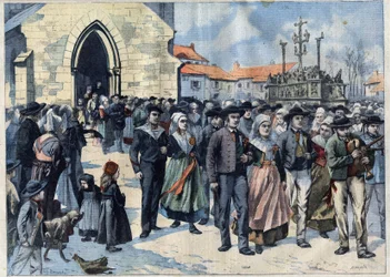 Bretonsk sed: Traditionellt äktenskap i Plougastel (Finistere, Bretagne). Äktenskap lämnar kyrkan. Gravyr i "" Le Petro Parisien""