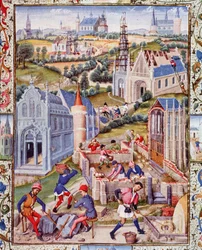 Byggarbetsplatser i Saint Denis (stad) för uppförandet av 12 kyrkor till de 12 apotrarnas ära. Miniatyr hämtad från "Livet för Tres Noble Count Gerard de Roussillon"