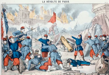 Kommunardernas bränning och förstörelse av Paris stadshus, maj 1871 (Epinal print)