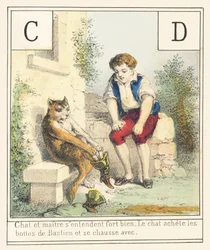 C D: Katt och husse kommer väldigt bra överens Katten knoppar Bastiens stövlar och stövlar med