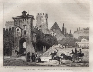 Caius Cestus Pyramid och St Paul Porte i Rom Porte Saint Paul och Pyramid av Caius Sextus a Rome - Gravyr från "" Pittoreska Italien"" - Historisk och beskrivande målning av Italien"" av M. de Norvins, Ch. Nodier 1834-1836.