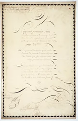 Kalligrafi: Receptionsstycke daterat 1737 av Andre Francois Roland.