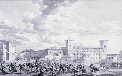 Italienska fälttåget: vy över staden Paris revolt mot den franska ockupationen i maj 1796. Anonym teckning. Paris, Louvrens museum