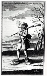 Kanadensare med snöskor som går i krig mot snön, från Histoire de lAmerique septentrionale av Bacqueville de La Potherie (1663-1736) publicerad 1753