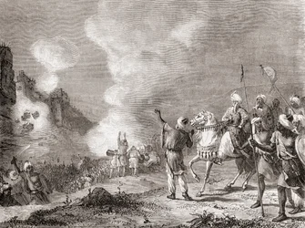 Kanon som användes som belägringsmaskiner av sultanen Abu Yaqub Yusuf vid belägringen av Sijilmasa, Marocko 1274, från Les Merveilles de la Science, publicerad ca 1870 (gravyr)