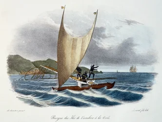Kanot med segel från Vanikoroöarna, Salomonöarna (skärgård), färggravyr från Astrolabiets upptäcktsresa genomförd på kungens order, under åren 1826-1829, av Jules-Sebastien-Cesar Dumont d