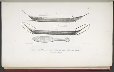[Kanoter och en klubb från Påskön], från Pittoreska resor runt om i världen, med porträtt av vildar i Amerika, Asien, Afrika och öarna i det stora havet; landskap, havsutsikt och flera naturhistoriska föremål; accom