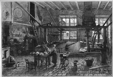Canut verkstad. Interiör i en sidenvävarverkstad i Lyon under en kris i slutet av 1800-talet. Gravyr i "" Le Monde Illustré"" nr 1039 av 10 mars 1877.